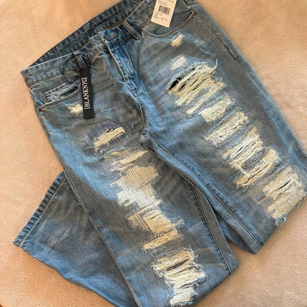 BLANK NYC Women's Distressed The Galaxy Straight Leg Jeans Size 30 in color Blue